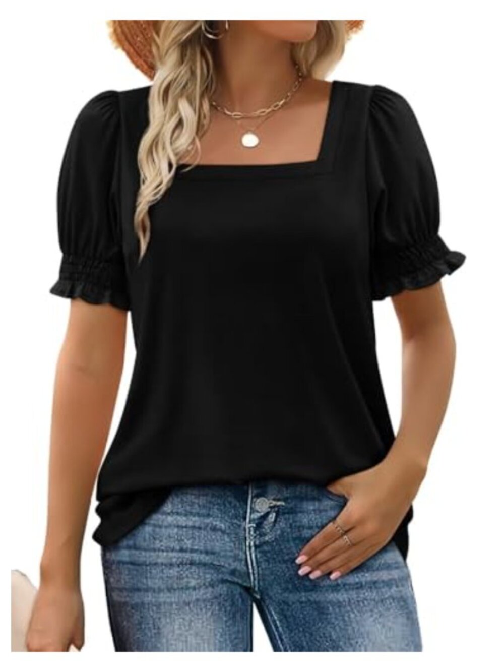 Womens Ruffle Trim Square Neck Short Sleeve Tunic Top Loose Fit Summer Blouse